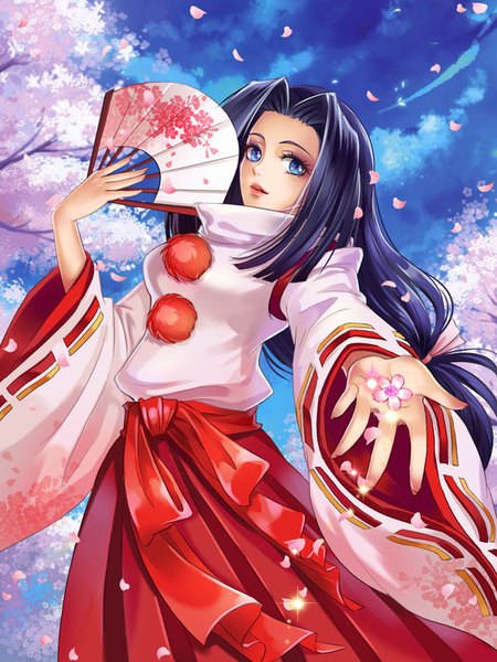 Anime picture 600x800 with guozi li single long hair tall image looking at viewer blue eyes sky purple hair cloud (clouds) traditional clothes japanese clothes lips outstretched arm girl plant (plants) petals tree (trees) fan paper fan