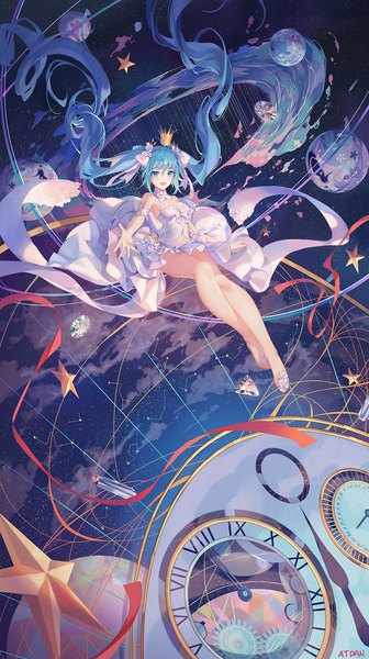 Anime-Bild 1094x1954 mit vocaloid hatsune miku atdan single tall image looking at viewer blush fringe breasts open mouth smile hair between eyes twintails bare shoulders signed sky cleavage full body :d barefoot