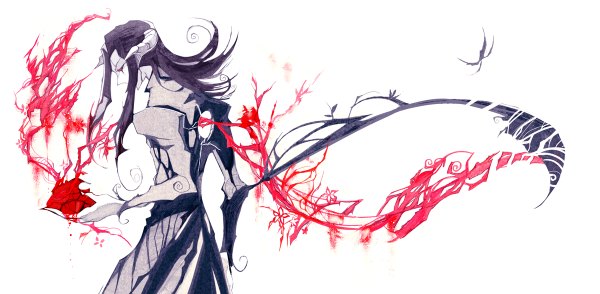 Anime picture 1200x588 with original nanomortis (artist) single long hair black hair simple background red eyes wide image white background looking away profile boy plant (plants) blood