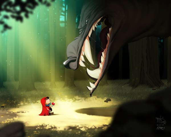 Anime picture 1152x922 with little red riding hood little red riding hood (character) big bad wolf ryudan blonde hair standing holding sunlight inscription teeth fang (fangs) saliva animal tree (trees) hood cape fruit forest child (children) apple