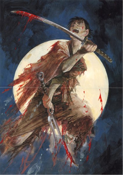 Anime picture 4197x5949 with blade of the immortal samura hiroaki single tall image highres short hair open mouth black hair absurdres black eyes boy weapon sword katana moon blood
