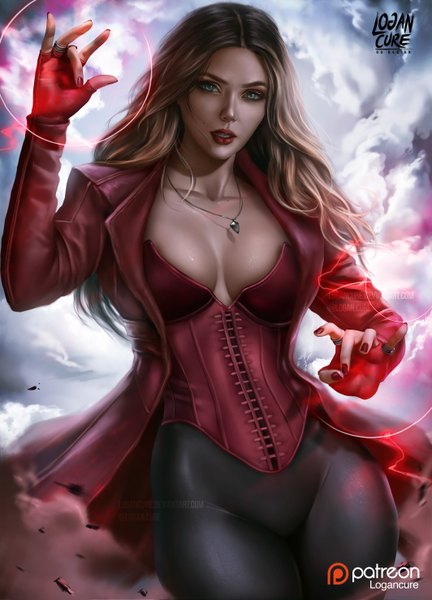 Anime picture 2128x2953 with marvel comics avengers scarlet witch (avengers) logan cure single long hair tall image looking at viewer fringe highres breasts blue eyes light erotic brown hair standing signed cleavage cloud (clouds) nail polish parted lips