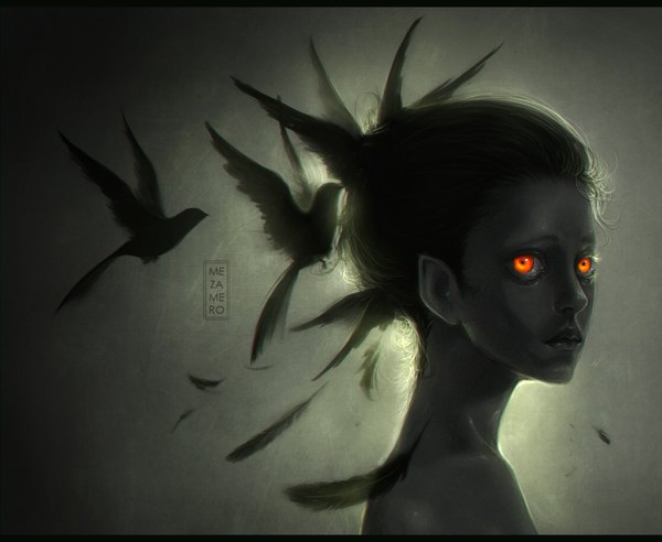Anime picture 1118x918 with original mezamero single black hair simple background pointy ears realistic dark skin glowing topless glowing eye (eyes) girl animal wings bird (birds) feather (feathers)