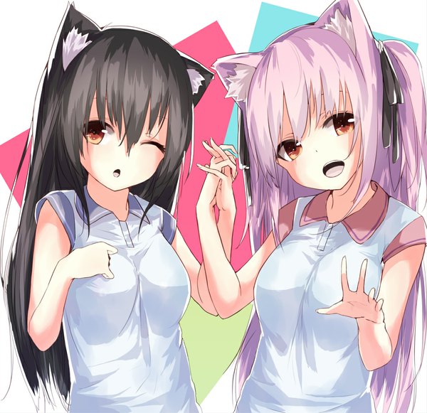 Anime picture 1000x969 with original la-na long hair open mouth black hair multiple girls brown eyes animal ears purple hair one eye closed wink cat ears cat girl girl ribbon (ribbons) 2 girls hair ribbon
