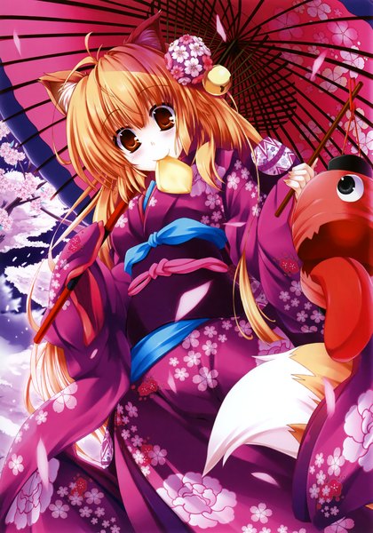Anime picture 3224x4602 with original eshi 100-nin ten maruchan single long hair tall image highres blonde hair red eyes absurdres traditional clothes japanese clothes fox ears cherry blossoms fox tail girl petals food kimono umbrella