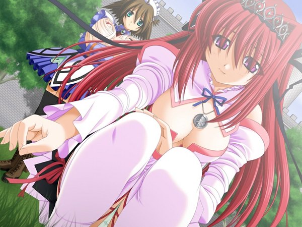Anime picture 1024x768 with axia (game) long hair light erotic game cg red hair pink eyes maid pantyshot sitting girl