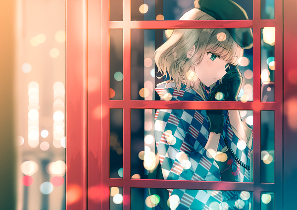 Anime picture 2000x1414 with original hiten (hitenkei) single blush fringe highres short hair blonde hair standing holding looking away blunt bangs traditional clothes japanese clothes profile aqua eyes wide sleeves lens flare girl gloves