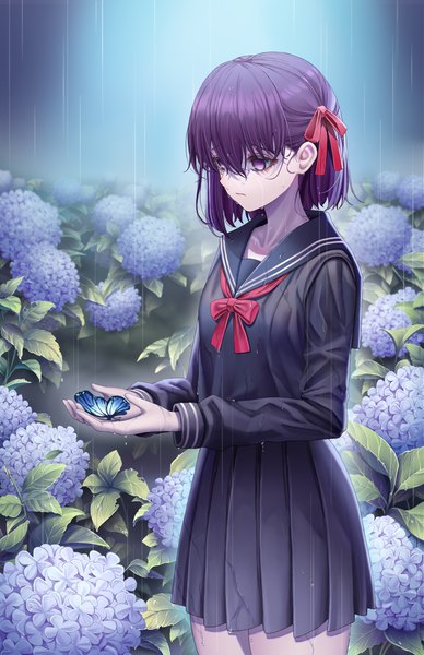 Anime picture 2170x3353 with fate (series) fate/stay night heaven's feel matou sakura yf (hbyg) single tall image fringe highres short hair hair between eyes standing purple eyes holding looking away purple hair outdoors long sleeves pleated skirt wet