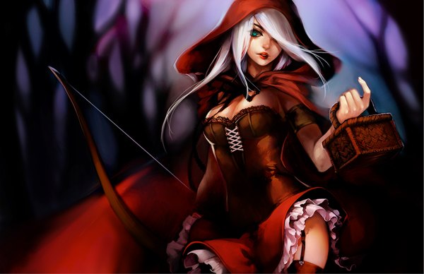 Anime picture 1545x1000 with league of legends ashe (league of legends) ippus single long hair fringe standing green eyes looking away white hair wind hair over one eye night zettai ryouiki lipstick red lipstick archery girl thighhighs dress