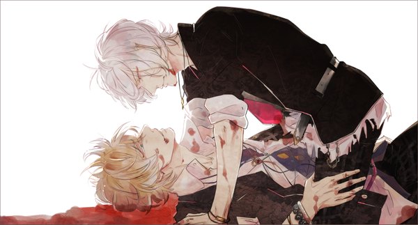 Anime picture 1600x863 with diabolik lovers idea factory sakamaki subaru mukami kou short hair blue eyes blonde hair simple background red eyes wide image white background white hair multiple boys shounen ai vampire boy uniform school uniform bracelet 2 boys