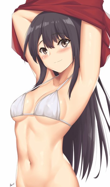Anime picture 737x1250 with senryuu shoujo yukishiro nanako arciealbano single long hair tall image looking at viewer blush fringe breasts light erotic black hair simple background smile hair between eyes large breasts standing white background brown eyes signed