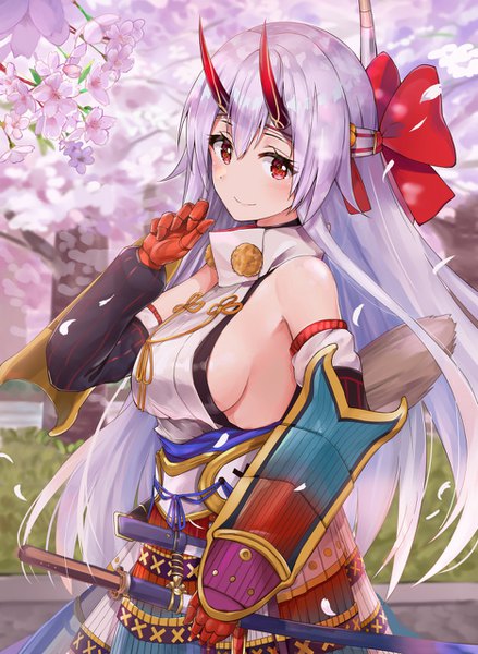 Anime picture 936x1280 with fate (series) fate/grand order tomoe gozen (fate) racchi. single long hair tall image looking at viewer blush fringe breasts light erotic smile hair between eyes red eyes standing silver hair outdoors traditional clothes japanese clothes