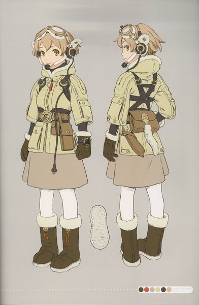 Anime picture 2939x4500 with last exile last exile: gin'yoku no fam gonzo linkage (artbook) fam fan fan range murata tall image looking at viewer highres short hair simple background smile brown hair standing yellow eyes full body scan grey background fur trim character names