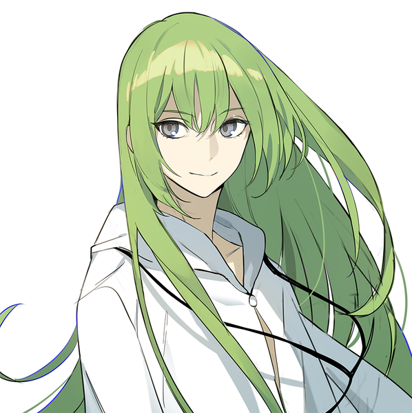 Anime picture 900x903 with fate (series) fate/grand order enkidu (fate) poti single long hair tall image fringe simple background smile hair between eyes white background upper body green hair grey eyes androgynous boy