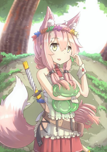 Anime picture 2480x3508 with original hinbackc single long hair tall image fringe highres hair between eyes standing holding signed animal ears yellow eyes looking away pink hair outdoors tail braid (braids) animal tail pleated skirt