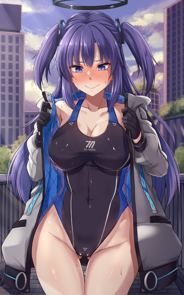 Anime picture 1200x1920 with blue archive yuuka (blue archive) hiruno single long hair tall image blush fringe breasts blue eyes light erotic smile hair between eyes large breasts purple hair cloud (clouds) outdoors open jacket sweat two side up