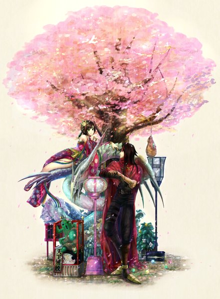Anime picture 2200x2992 with final fantasy square enix yuffie kisaragi vincent valentine sabotender tonberry leviathan (final fantasy) niboshi514 long hair tall image highres black hair green eyes cherry blossoms girl boy plant (plants) tree (trees) lantern monster
