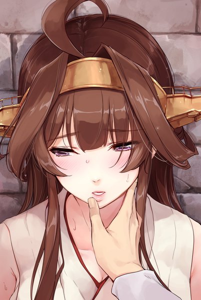 Anime picture 1000x1493 with kantai collection kongou battleship umakuchi shouyu long hair tall image blush open mouth brown hair purple eyes looking away ahoge finger to mouth solo focus girl hair ornament