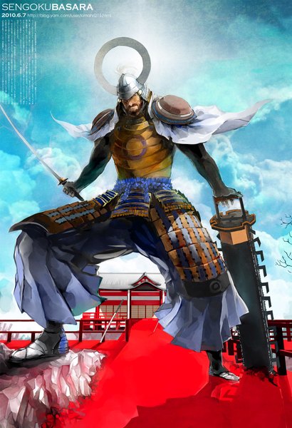 Anime picture 1200x1753 with sengoku musou tagme (character) kimahri215 single tall image sky cloud (clouds) boy weapon sword armor katana helmet beard japanese house
