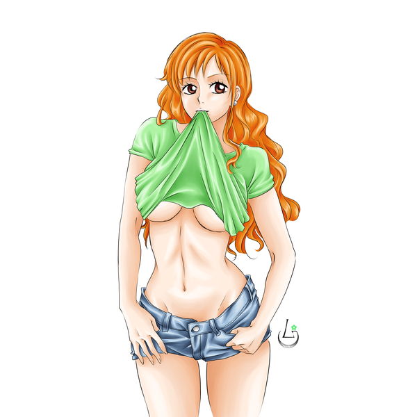 Anime picture 4134x4134 with one piece toei animation nami (one piece) ludovica single long hair fringe highres breasts light erotic simple background large breasts standing white background holding brown eyes signed looking away absurdres orange hair