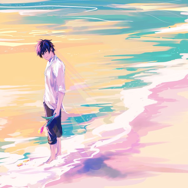 Anime picture 1280x1280 with original pancake-waddle single looking at viewer fringe short hair hair between eyes standing holding green eyes blue hair head tilt looking back barefoot sunlight blurry partially submerged twisty sleeves seaside boy