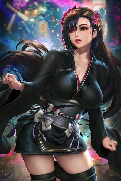 Anime picture 800x1199 with final fantasy final fantasy vii final fantasy vii remake square enix tifa lockhart nudtawut thongmai single long hair tall image fringe breasts black hair hair between eyes red eyes large breasts standing signed payot looking away nail polish