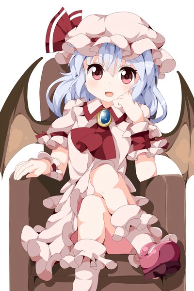 Anime-Bild 666x1000 mit touhou remilia scarlet ruu (tksymkw) single tall image looking at viewer blush short hair open mouth simple background red eyes white background sitting purple hair arm support crossed legs bat wings girl wings socks