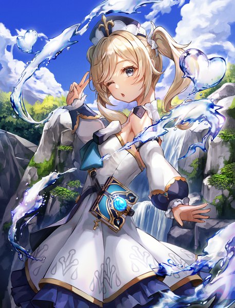 Anime picture 3000x3936 with genshin impact barbara (genshin impact) lunacle single long hair tall image looking at viewer blush fringe highres open mouth blue eyes blonde hair standing twintails sky cloud (clouds) outdoors one eye closed wink