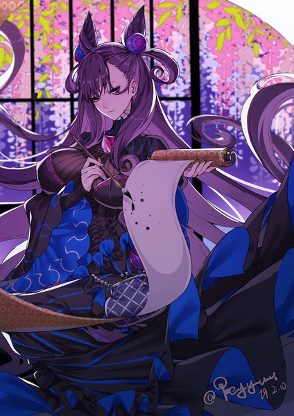Anime picture 779x1102 with fate (series) fate/grand order murasaki shikibu (fate) yaoshi jun single long hair tall image looking at viewer fringe breasts light erotic large breasts purple eyes signed purple hair hair bun (hair buns) two side up twitter username dated girl