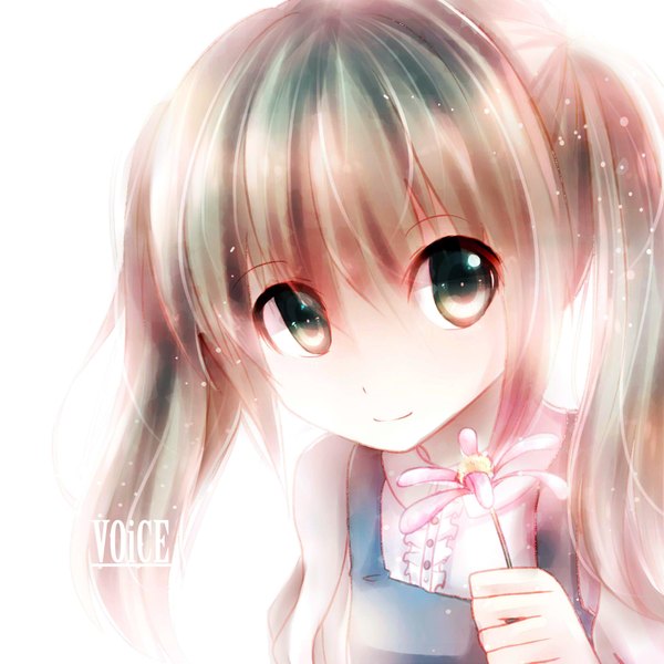Anime picture 2000x2000 with vocaloid hatsune miku ryaku-ko (artist) single long hair looking at viewer highres simple background smile white background twintails green eyes green hair inscription girl flower (flowers)