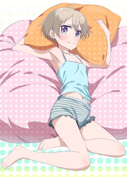 Anime picture 734x1024 with new game! doga kobo hoshikawa hotaru pink x single tall image looking at viewer blush short hair smile brown hair purple eyes full body ahoge barefoot bare legs sleeveless striped reclining polka dot