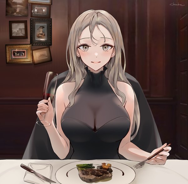 Anime-Bild 1000x984 mit original chowbie single long hair looking at viewer blush fringe breasts light erotic large breasts bare shoulders holding signed payot upper body indoors grey hair grey eyes sleeveless girl