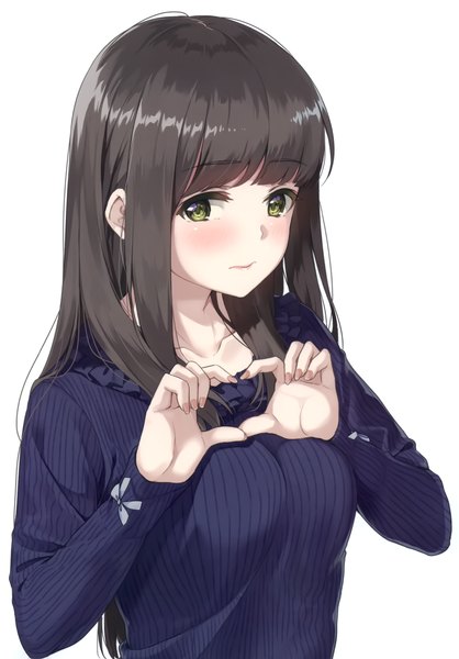 Anime picture 2097x3011 with original unasaka ryou single long hair tall image looking at viewer blush fringe highres black hair simple background green eyes upper body blunt bangs long sleeves fingernails scan grey background heart hands girl