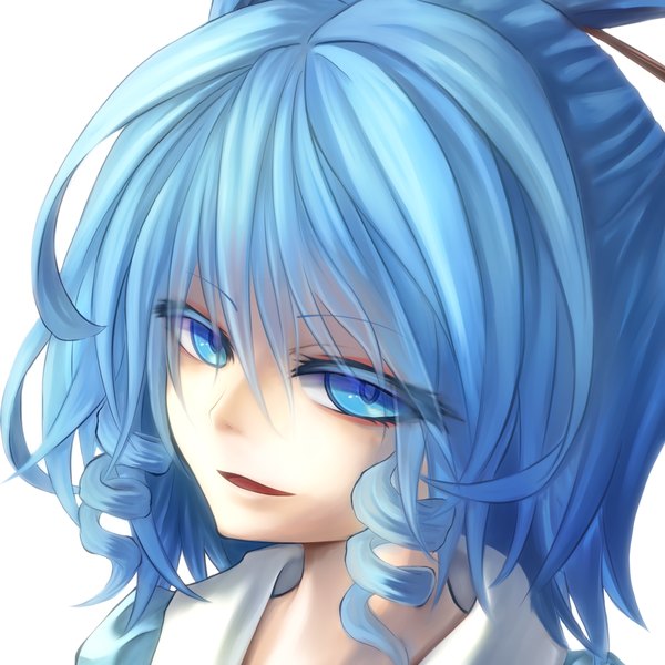 Anime picture 1500x1500 with touhou kaku seiga igap single long hair open mouth blue eyes white background blue hair drill hair girl