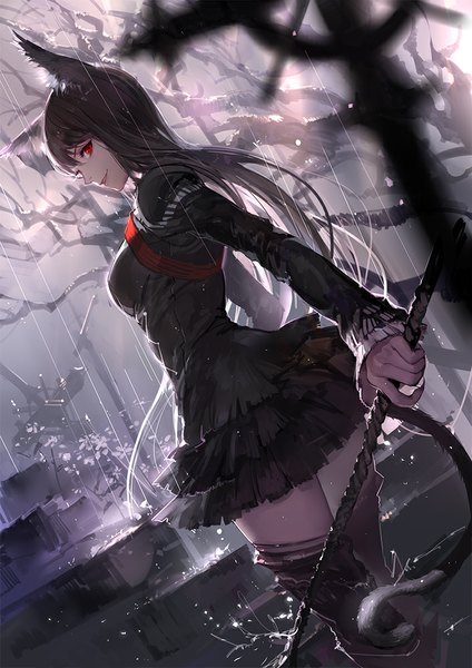 Anime picture 707x1000 with original pixiv fantasia pixiv fantasia fallen kings ask (askzy) single long hair tall image looking at viewer black hair red eyes animal ears tail animal tail fingernails light smile cat ears cat tail depth of field zettai ryouiki turning head