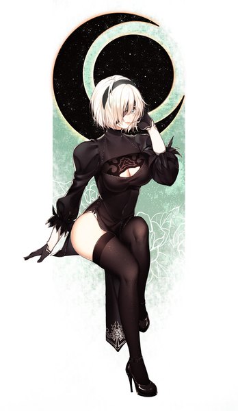 Anime picture 2378x4093 with nier nier:automata yorha no. 2 type b koi han single tall image fringe highres short hair breasts blue eyes light erotic simple background smile white background sitting looking away full body white hair lips