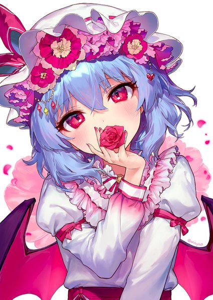 Anime picture 900x1270 with touhou remilia scarlet ainy single tall image looking at viewer blush fringe short hair hair between eyes white background blue hair upper body nail polish head tilt pink eyes covered mouth girl flower (flowers) hat