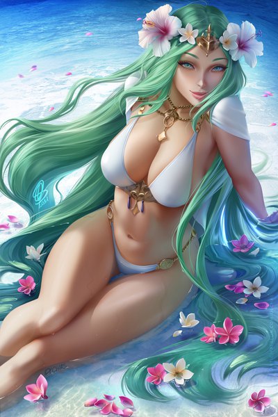 Anime picture 2400x3600 with fire emblem fire emblem: three houses fire emblem heroes nintendo rhea (fire emblem) olchas single tall image looking at viewer highres breasts light erotic smile large breasts sitting green eyes signed cleavage outdoors very long hair