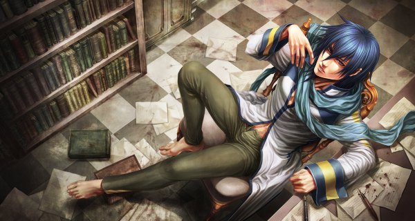 Anime picture 1200x640 with vocaloid kaito (vocaloid) ujuju single short hair blue eyes wide image sitting blue hair indoors barefoot checkered floor checkered boy scarf book (books) pants chair paper shelf