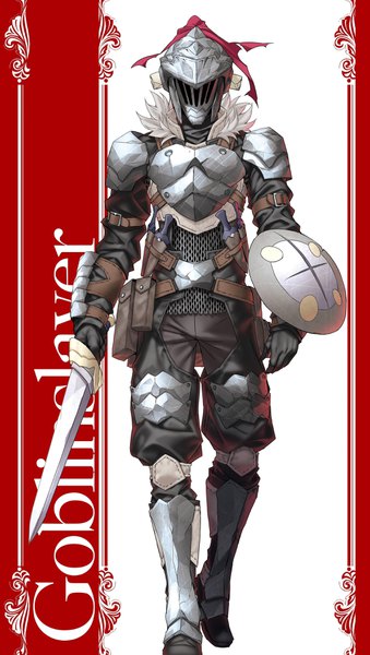 Anime picture 2048x3616 with goblin slayer! white fox goblin slayer kannatsuki noboru single tall image highres simple background standing holding full body official art copyright name character names novel illustration knight boy weapon sword armor