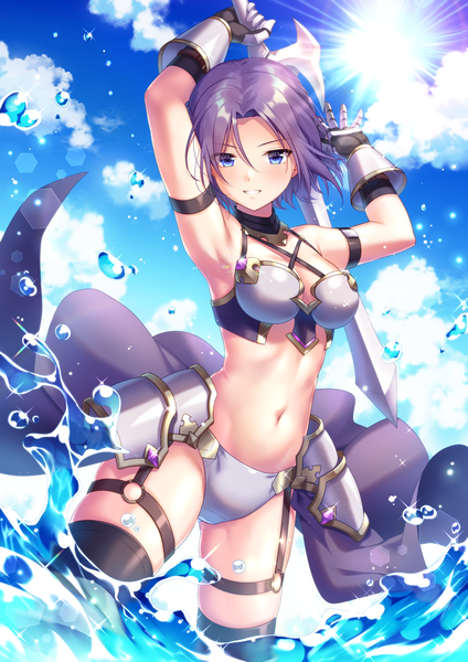Anime picture 1390x1966 with princess connect! re:dive princess connect! shirogane jun ichiren namiro single tall image looking at viewer blush fringe short hair breasts blue eyes light erotic smile hair between eyes standing holding payot sky purple hair