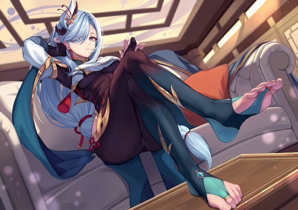 Anime picture 2048x1448 with genshin impact shenhe (genshin impact) bld zi single long hair looking at viewer fringe highres blue eyes light erotic sitting silver hair full body indoors braid (braids) blurry hair over one eye from below dutch angle crossed legs