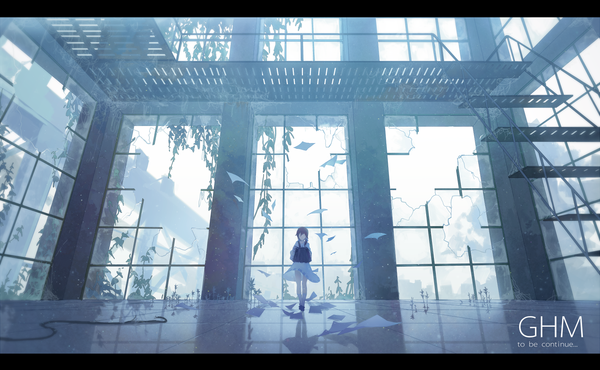 Anime picture 1578x975 with original spencer sais single long hair brown hair wide image twintails indoors eyes closed wind reflection music girl plant (plants) building (buildings) stairs paper