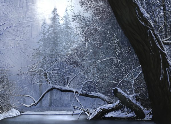 Anime picture 1379x1000 with original gr (artist) snowing winter snow no people landscape bare tree nature plant (plants) tree (trees) forest pond