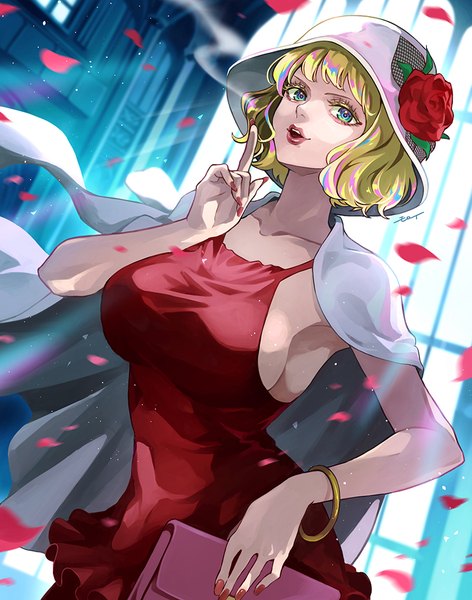 Anime picture 800x1017 with one piece toei animation stussy moroi single tall image looking at viewer fringe short hair breasts open mouth blue eyes light erotic blonde hair large breasts holding signed indoors nail polish fingernails