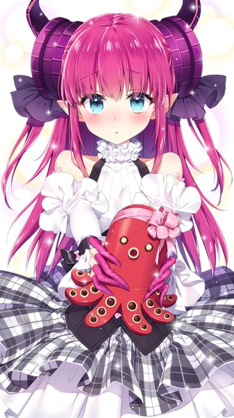 Anime picture 1080x1920 with fate (series) fate/extra fate/extra ccc elizabeth bathory (fate) (all) elizabeth bathory (fate) masuishi kinoto single long hair tall image looking at viewer blush fringe blue eyes simple background bare shoulders holding pink hair horn (horns) pointy ears :o