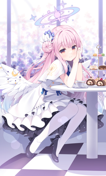 Anime picture 482x800 with blue archive mika (blue archive) ikataruto single long hair tall image blush smile sitting yellow eyes pink hair hair bun (hair buns) high heels lens flare checkered floor floor white wings girl dress pantyhose