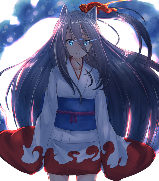 Anime picture 1055x1200 with original yuki arare single long hair tall image looking at viewer fringe blue eyes simple background hair between eyes standing white background silver hair ponytail traditional clothes parted lips japanese clothes wind wide sleeves shadow