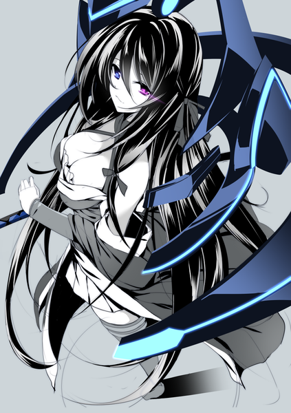 Anime picture 885x1254 with saijaku muhai no bahamut kirihime yoruka minamon (vittel221) single long hair tall image looking at viewer blush fringe breasts blue eyes light erotic black hair simple background hair between eyes large breasts standing purple eyes bare shoulders payot