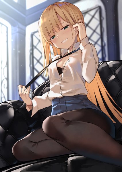 Anime picture 2508x3541 with fate (series) lord el-melloi ii case files reines el-melloi archisorte yuuuuu single long hair tall image looking at viewer blush fringe highres breasts light erotic blonde hair smile sitting green eyes bent knee (knees) indoors blunt bangs
